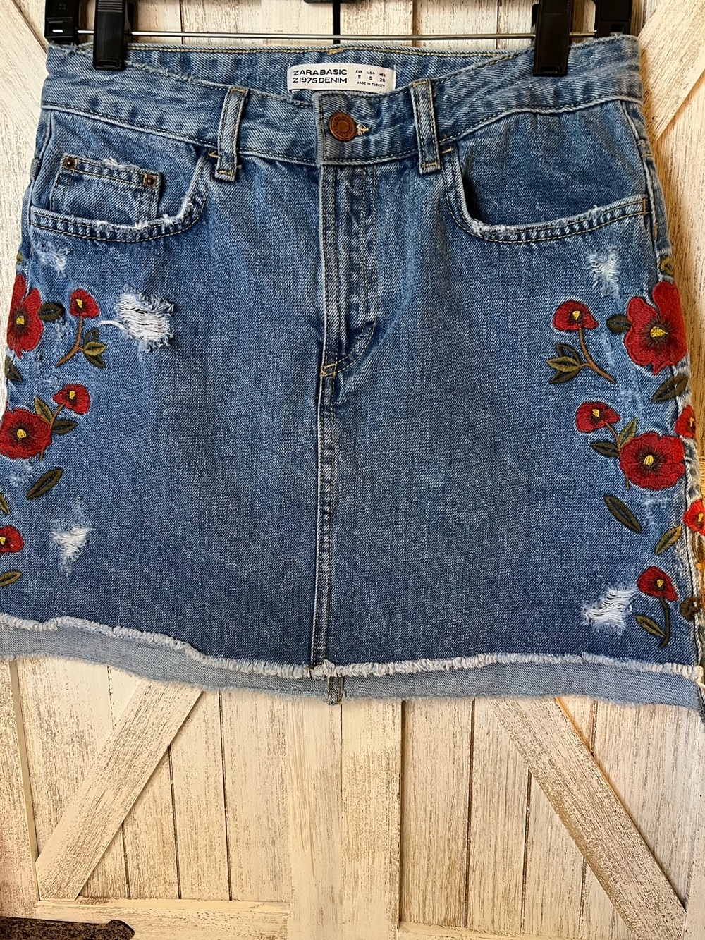 Zara Denim Mini Skirt with Red Floral Embroidery